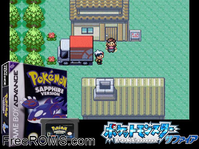 Pokemon: Sapphire Version (V1.1) Gameboy Advance game showing 3D box cover and gameplay screenshot