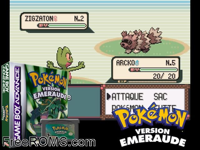 Pokemon: Version Emeraude (France) Gameboy Advance game showing 3D box cover and gameplay screenshot