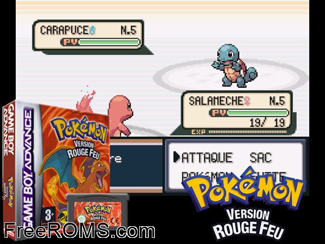 Pokemon: Version Rouge Feu (France) Gameboy Advance game showing 3D box cover and gameplay screenshot
