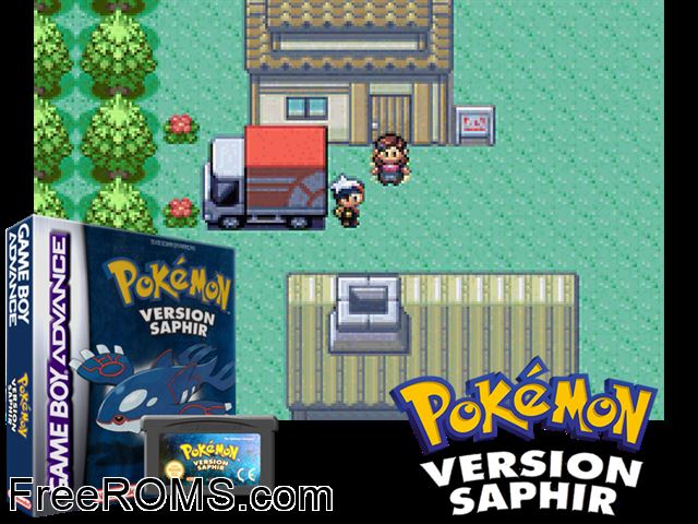 Pokemon: Version Saphir (France) (V1.1) Gameboy Advance game showing 3D box cover and gameplay screenshot
