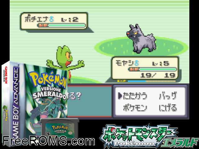 Pokemon: Versione Smeraldo (Italy) Gameboy Advance game showing 3D box cover and gameplay screenshot