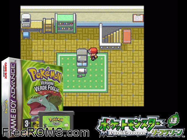Pokemon: Versione Verde Foglia (Italy) Gameboy Advance game showing 3D box cover and gameplay screenshot