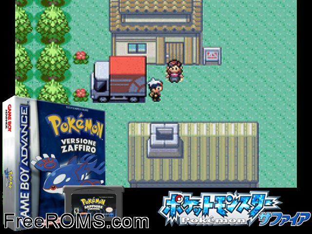 Pokemon: Versione Zaffiro (Italy) (V1.0) Gameboy Advance game showing 3D box cover and gameplay screenshot