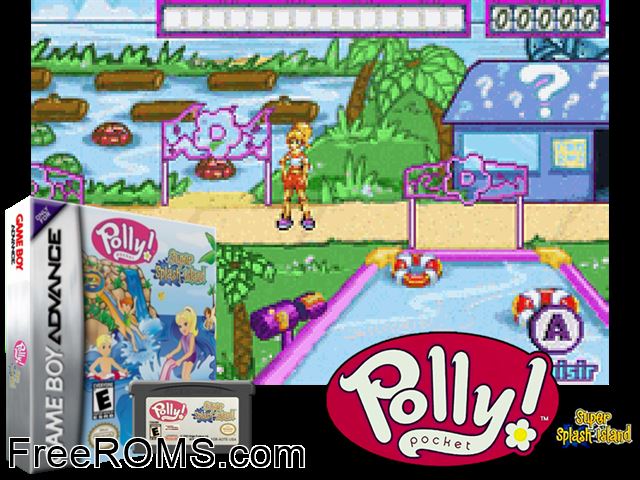 Polly Pocket! - Super Splash Island Gameboy Advance game showing 3D box cover and gameplay screenshot