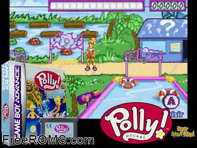 Polly Pocket Super Splash Island Gameboy Advance game showing 3D box cover and gameplay screenshot
