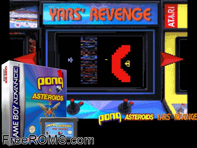 Pong, Asteroids, Yars' Revenge Gameboy Advance game showing 3D box cover and gameplay screenshot