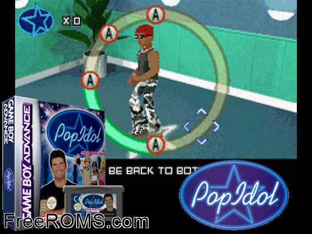 Pop Idol Gameboy Advance game showing 3D box cover and gameplay screenshot