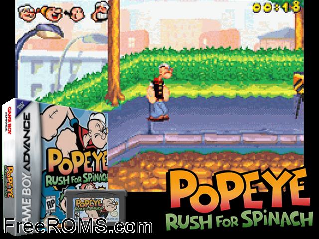 Popeye Rush For Spinach Gameboy Advance game showing 3D box cover and gameplay screenshot
