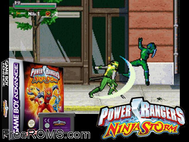 Power Rangers - Ninja Storm Gameboy Advance game showing 3D box cover and gameplay screenshot