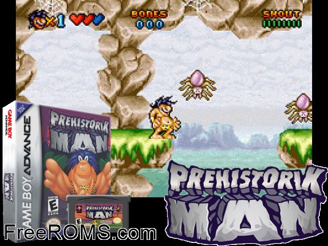 Prehistorik Man Gameboy Advance game showing 3D box cover and gameplay screenshot