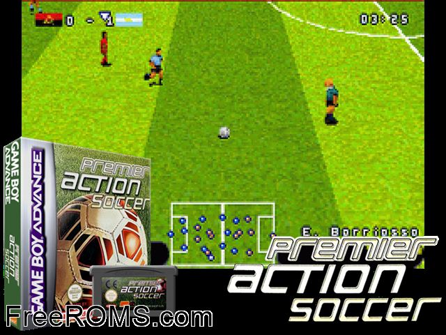Premier Action Soccer Gameboy Advance game showing 3D box cover and gameplay screenshot
