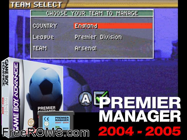 Premier Manager 2004-2005 Gameboy Advance game showing 3D box cover and gameplay screenshot