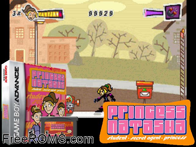 Princess Natasha Gameboy Advance game showing 3D box cover and gameplay screenshot