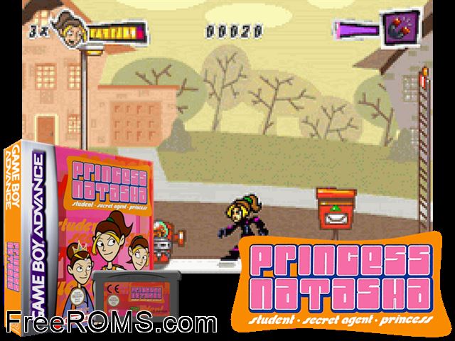 Princess Natasha - Student Secret Agent Gameboy Advance game showing 3D box cover and gameplay screenshot