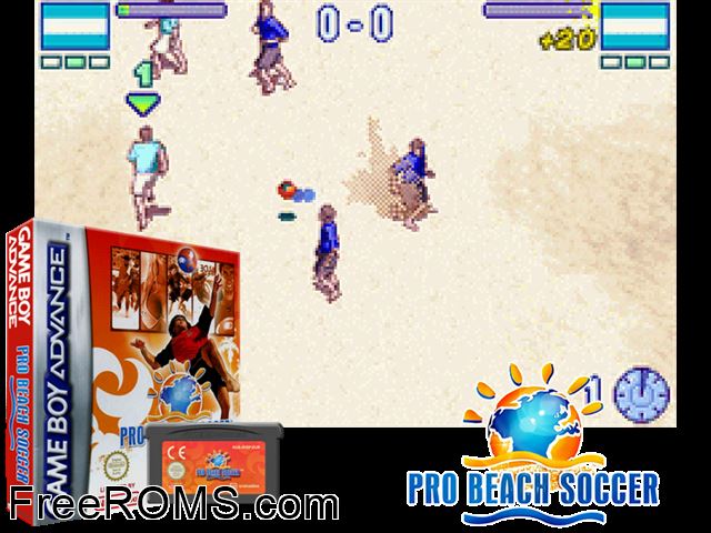 Pro Beach Soccer Gameboy Advance game showing 3D box cover and gameplay screenshot