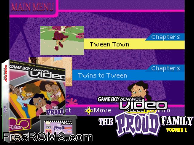 Proud Family, The - Volume 1 (Video) Gameboy Advance game showing 3D box cover and gameplay screenshot