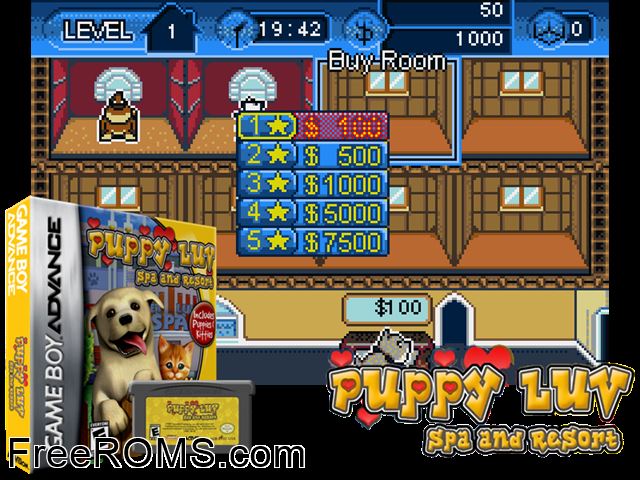 Puppy Luv - Spa And Resort Gameboy Advance game showing 3D box cover and gameplay screenshot