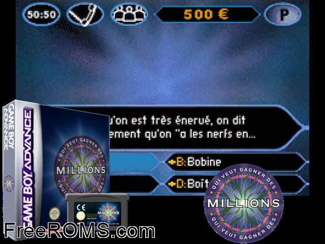 Qui Veut Gagner Des Millions (France) Gameboy Advance game showing 3D box cover and gameplay screenshot
