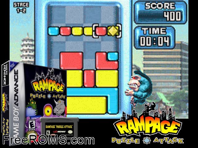 Rampage - Puzzle Attack Gameboy Advance game showing 3D box cover and gameplay screenshot