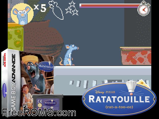 Ratatouille Gameboy Advance game showing 3D box cover and gameplay screenshot