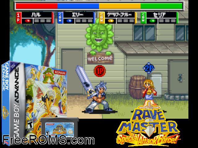 Rave Master - Special Attack Force! Gameboy Advance game showing 3D box cover and gameplay screenshot