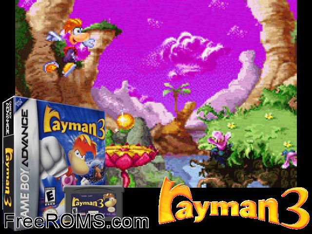 Rayman 3 Gameboy Advance game showing 3D box cover and gameplay screenshot