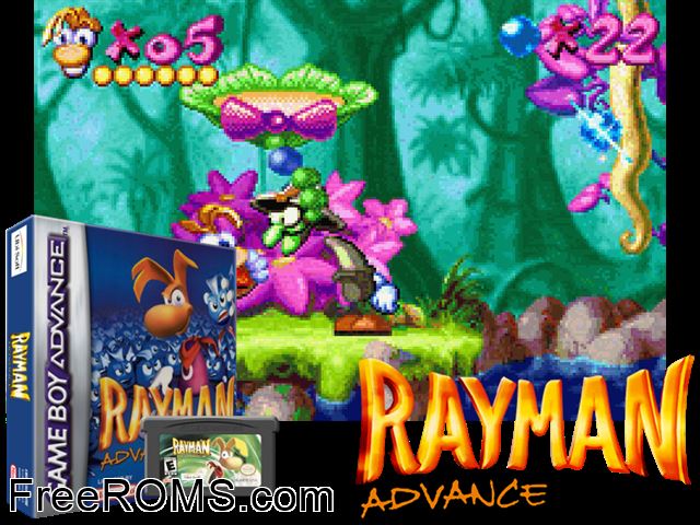 Rayman Advance Gameboy Advance game showing 3D box cover and gameplay screenshot