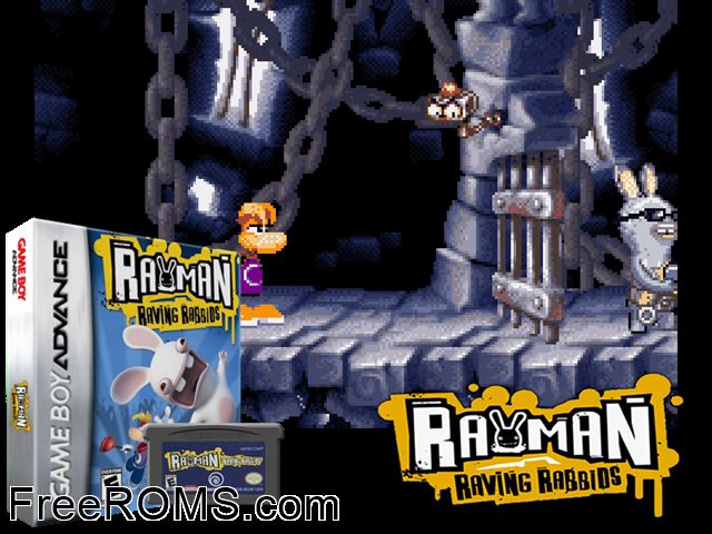 Rayman Raving Rabbits Gameboy Advance game showing 3D box cover and gameplay screenshot