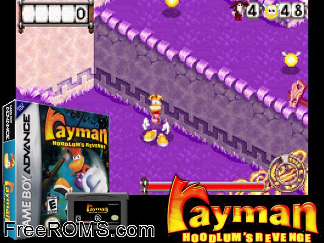 Rayman - Hoodlum's Revenge Gameboy Advance game showing 3D box cover and gameplay screenshot