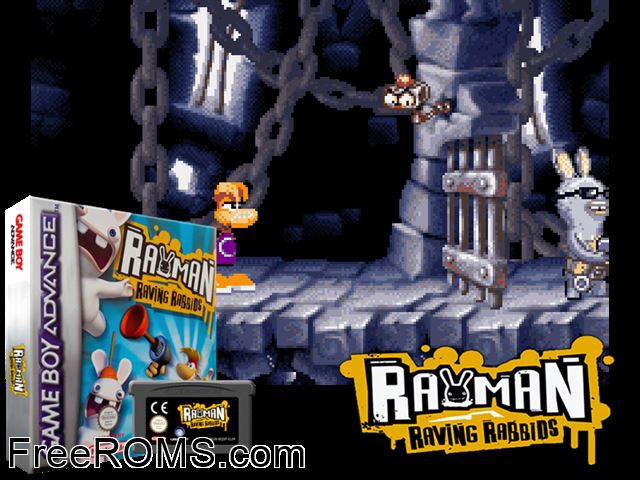Rayman - Raving Rabbids Gameboy Advance game showing 3D box cover and gameplay screenshot