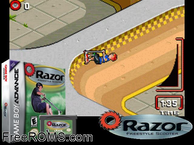 Razor Freestyle Scooter Gameboy Advance game showing 3D box cover and gameplay screenshot