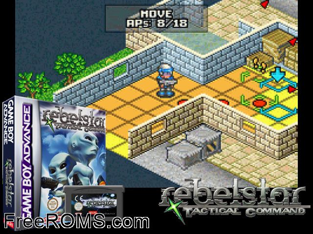 Rebelstar - Tactical Command Gameboy Advance game showing 3D box cover and gameplay screenshot