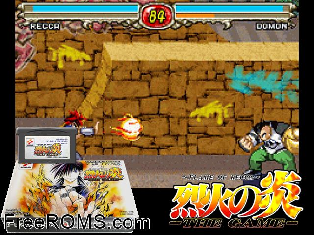 Recca No Honoo - The Game (Japan) Gameboy Advance game showing 3D box cover and gameplay screenshot