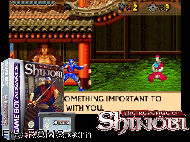 Revenge Of Shinobi, The Gameboy Advance game showing 3D box cover and gameplay screenshot