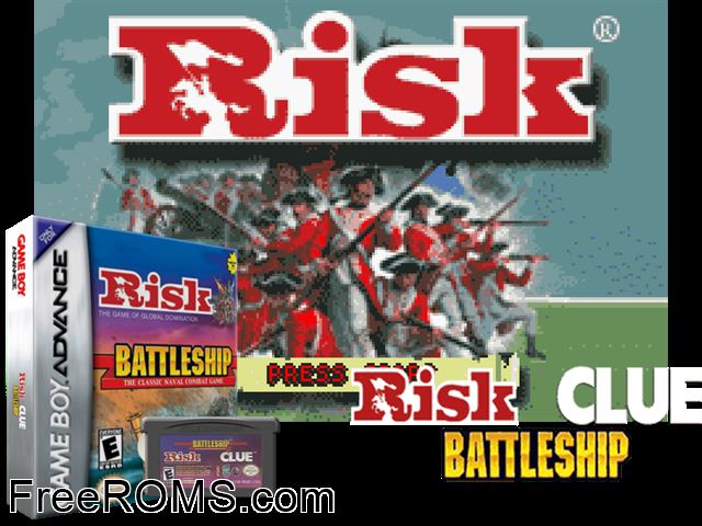 Risk, Battleship, Clue Gameboy Advance game showing 3D box cover and gameplay screenshot