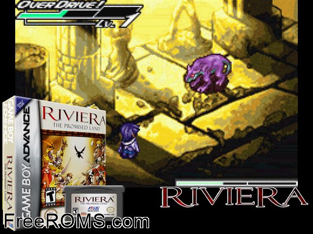 Riviera - The Promised Land Gameboy Advance game showing 3D box cover and gameplay screenshot