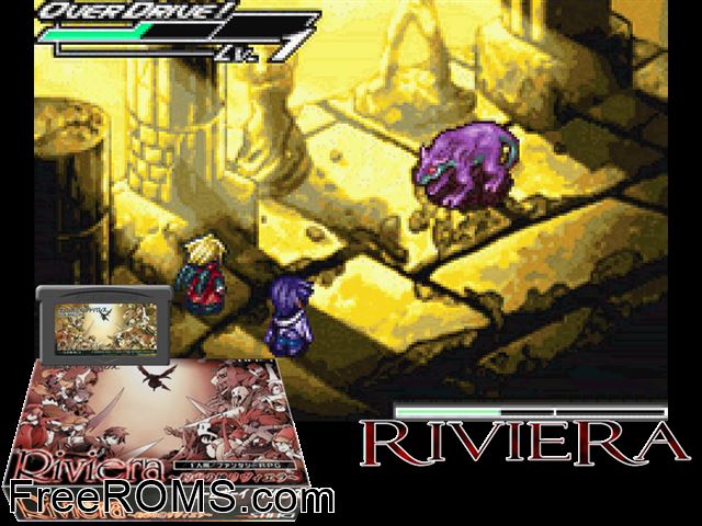 Riviera - Yakusoku No Chi Riviera (Japan) Gameboy Advance game showing 3D box cover and gameplay screenshot
