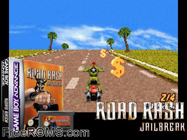Road Rash - Jailbreak Gameboy Advance game showing 3D box cover and gameplay screenshot