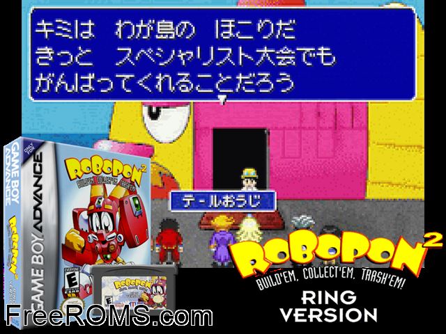 Robopon 2 - Ring Version Gameboy Advance game showing 3D box cover and gameplay screenshot