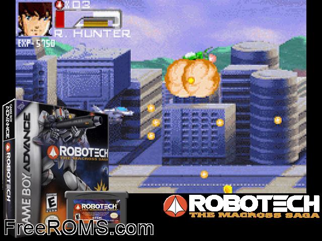 Robotech - The Macross Saga Gameboy Advance game showing 3D box cover and gameplay screenshot