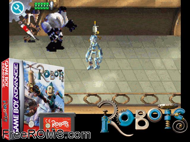Robots Gameboy Advance game showing 3D box cover and gameplay screenshot