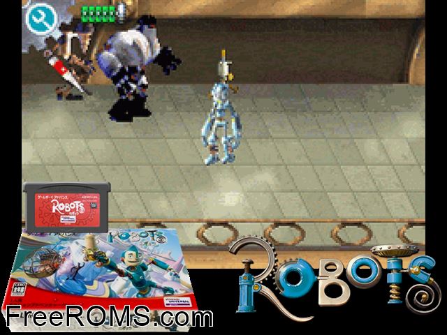 Robots (Japan) Gameboy Advance game showing 3D box cover and gameplay screenshot