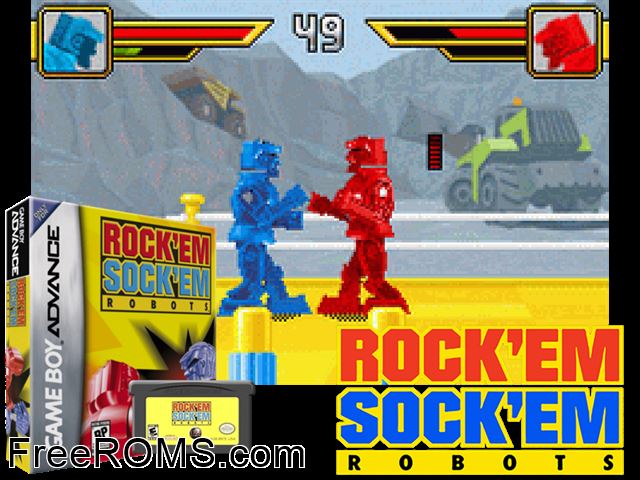 Rock Em Sock Em Robots Gameboy Advance game showing 3D box cover and gameplay screenshot