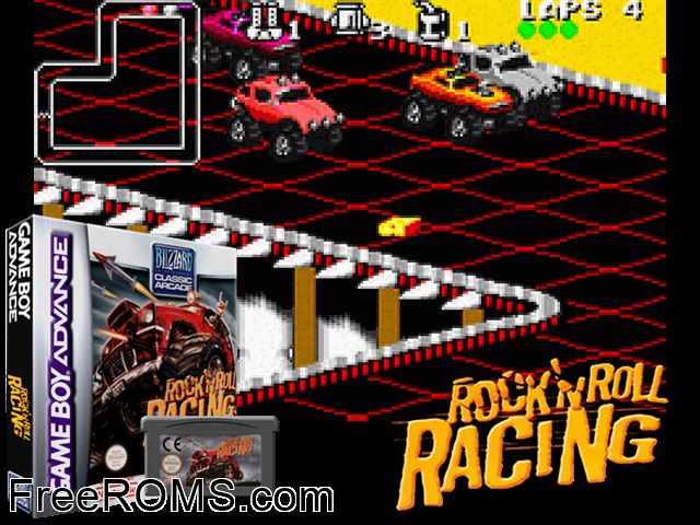 Rock N' Roll Racing Gameboy Advance game showing 3D box cover and gameplay screenshot