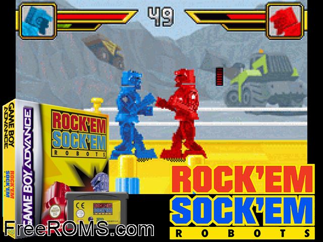 Rock'Em Sock'Em Robots Gameboy Advance game showing 3D box cover and gameplay screenshot