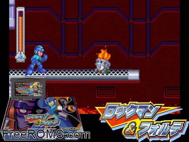 Rockman And Forte (Japan) Gameboy Advance game showing 3D box cover and gameplay screenshot
