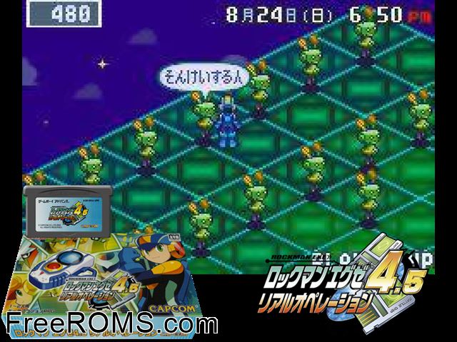 Rockman Exe 4.5 - Real Operation (Japan) Gameboy Advance game showing 3D box cover and gameplay screenshot