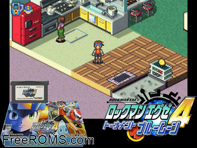 Rockman Exe 4 - Tournament Blue Moon (Japan) Gameboy Advance game showing 3D box cover and gameplay screenshot