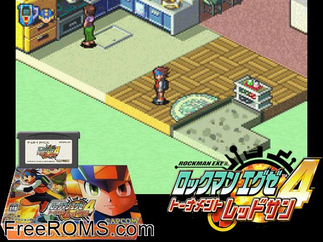 Rockman Exe 4 - Tournament Red Sun (Japan) (V1.0) Gameboy Advance game showing 3D box cover and gameplay screenshot