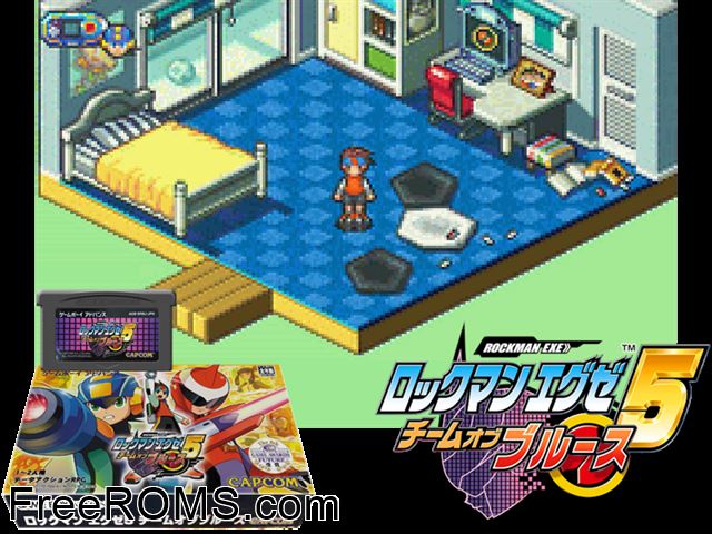Rockman Exe 5 - Team Of Blues (Japan) Gameboy Advance game showing 3D box cover and gameplay screenshot
